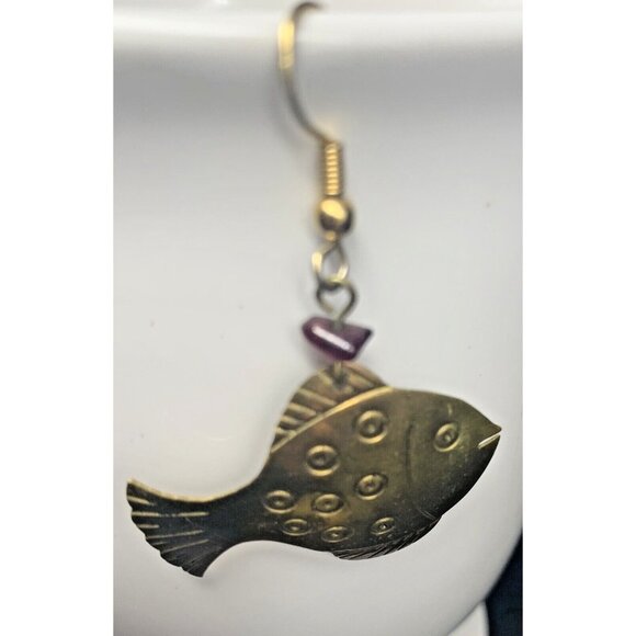 Vintage Dangle Brass & Amethyst Stone Handmade Fish Dangle Pierced Earrings - Picture 4 of 5